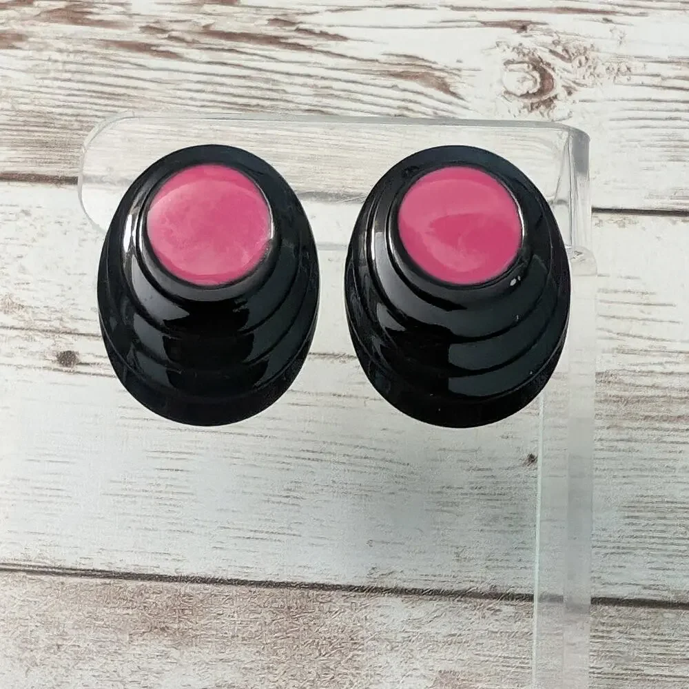 Vintage Clip On Earrings Dark Pink & Black Oval 1.25